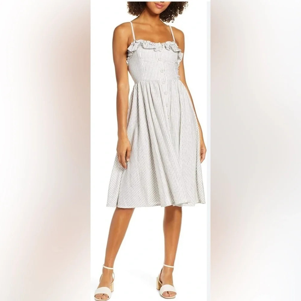 French Connection Button Front Laich Striped RuffledTrim Midi Size Medium G0781